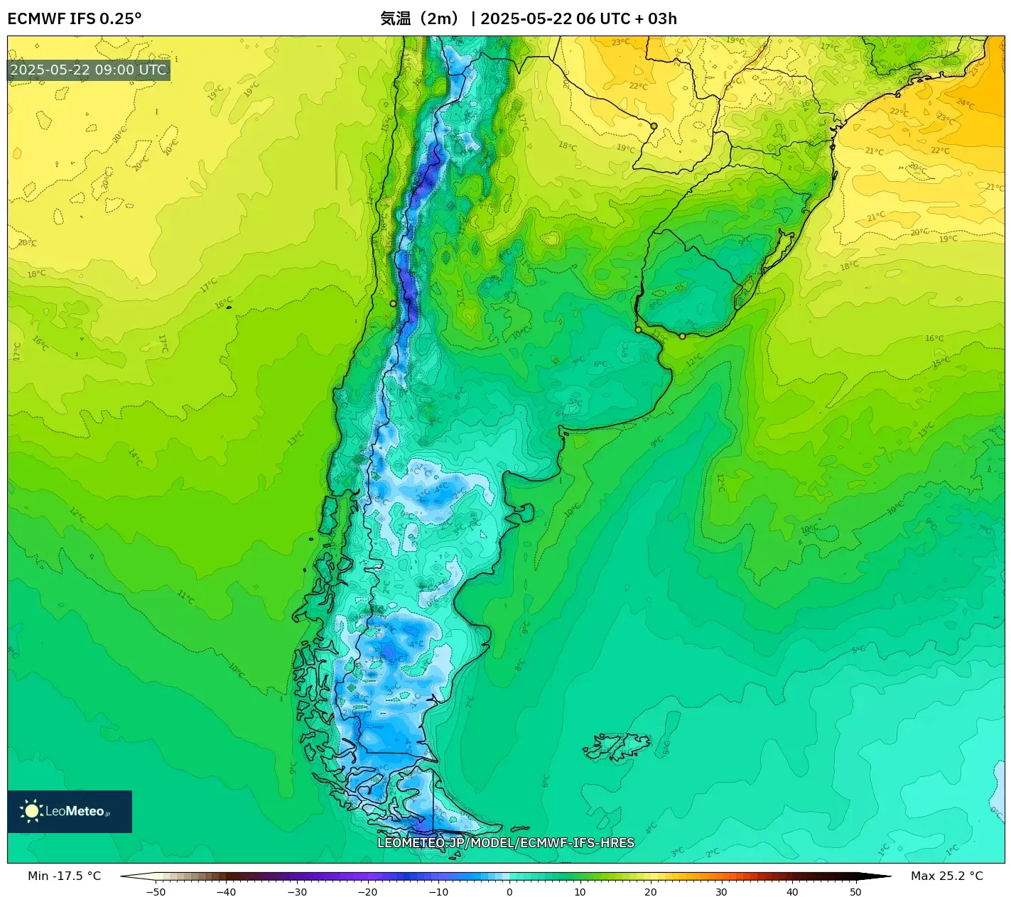 ECMWF IFS 0.25° model - アルゼンチン, 気温(2m) ECMWF IFS 0.25° model - アルゼンチン, 気温(2m)