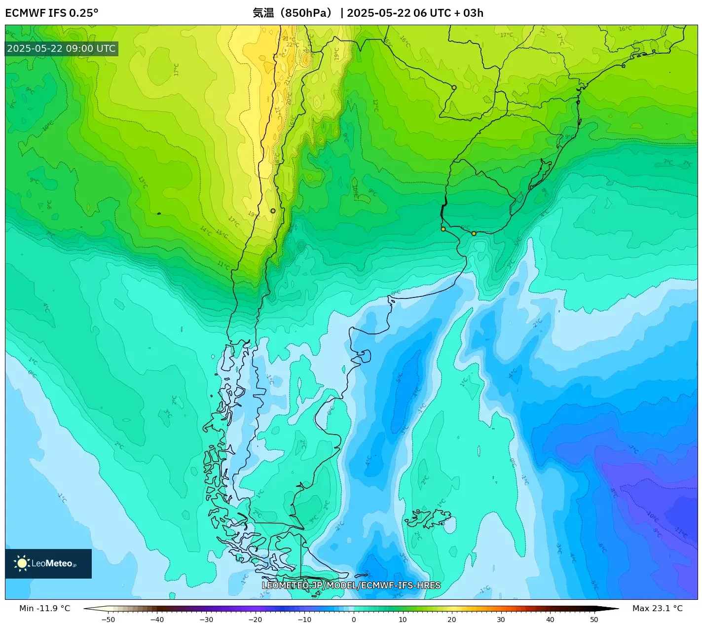 ECMWF IFS 0.25° model - アルゼンチン, 気温(850hPa) ECMWF IFS 0.25° model - アルゼンチン, 気温(850hPa)
