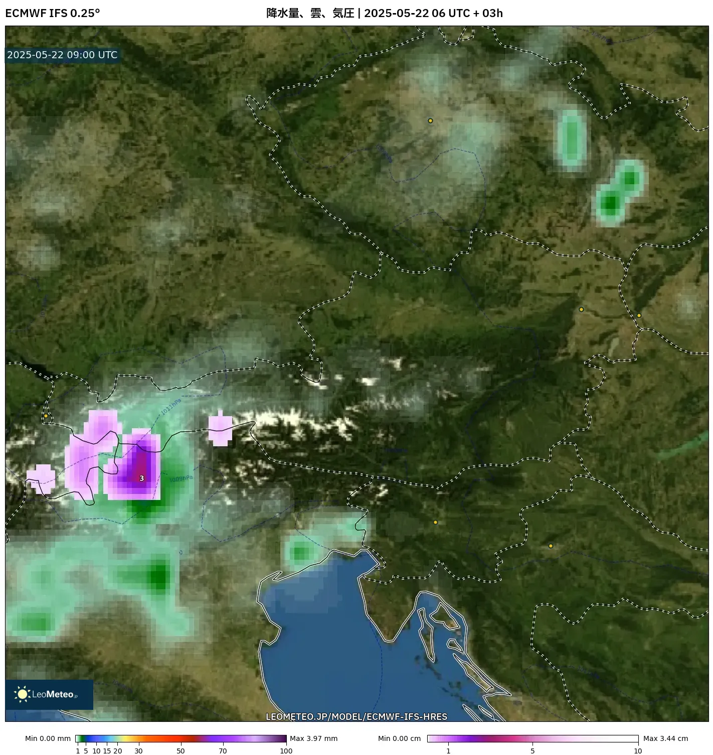 ECMWF IFS 0.25° model - オーストリア, 降水量、雲、気圧
