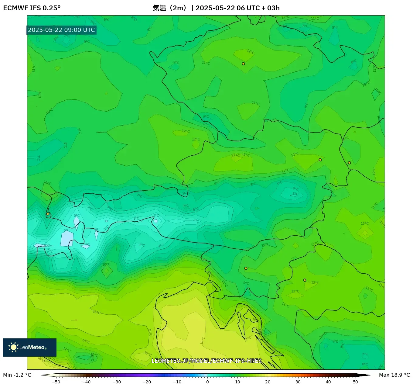 ECMWF IFS 0.25° model - オーストリア, 気温(2m) ECMWF IFS 0.25° model - オーストリア, 気温(2m)