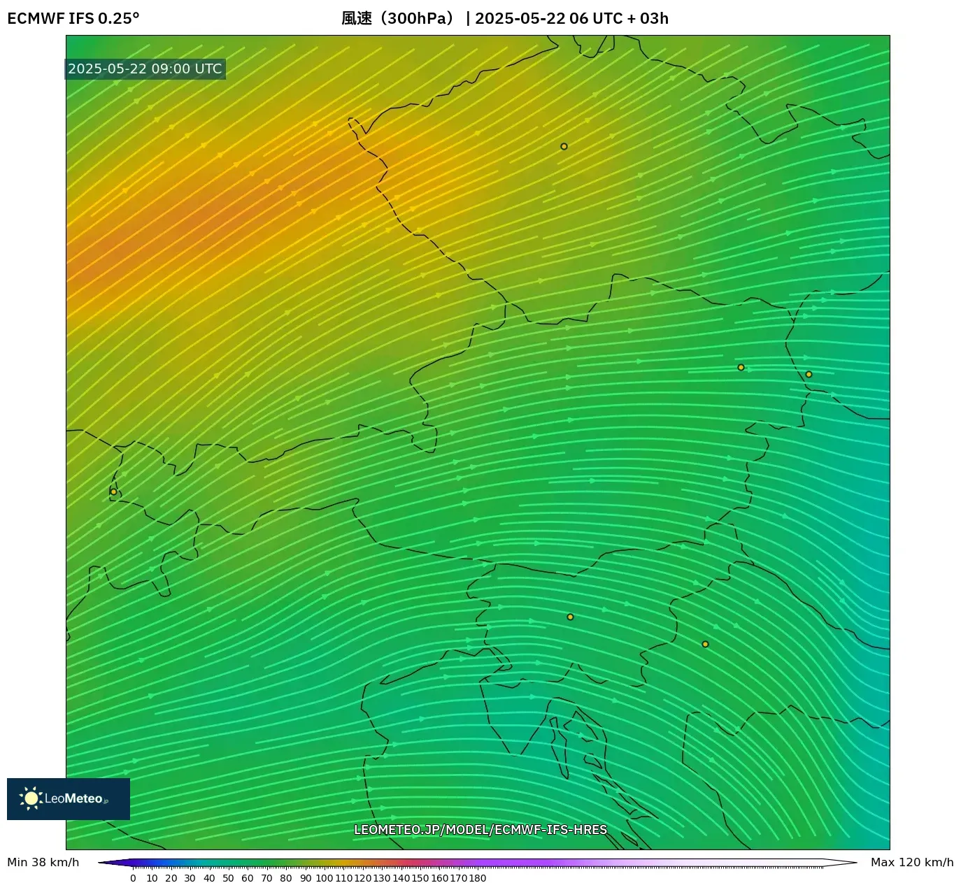 ECMWF IFS 0.25° model - オーストリア, 風速(300hPa) ECMWF IFS 0.25° model - オーストリア, 風速(300hPa)