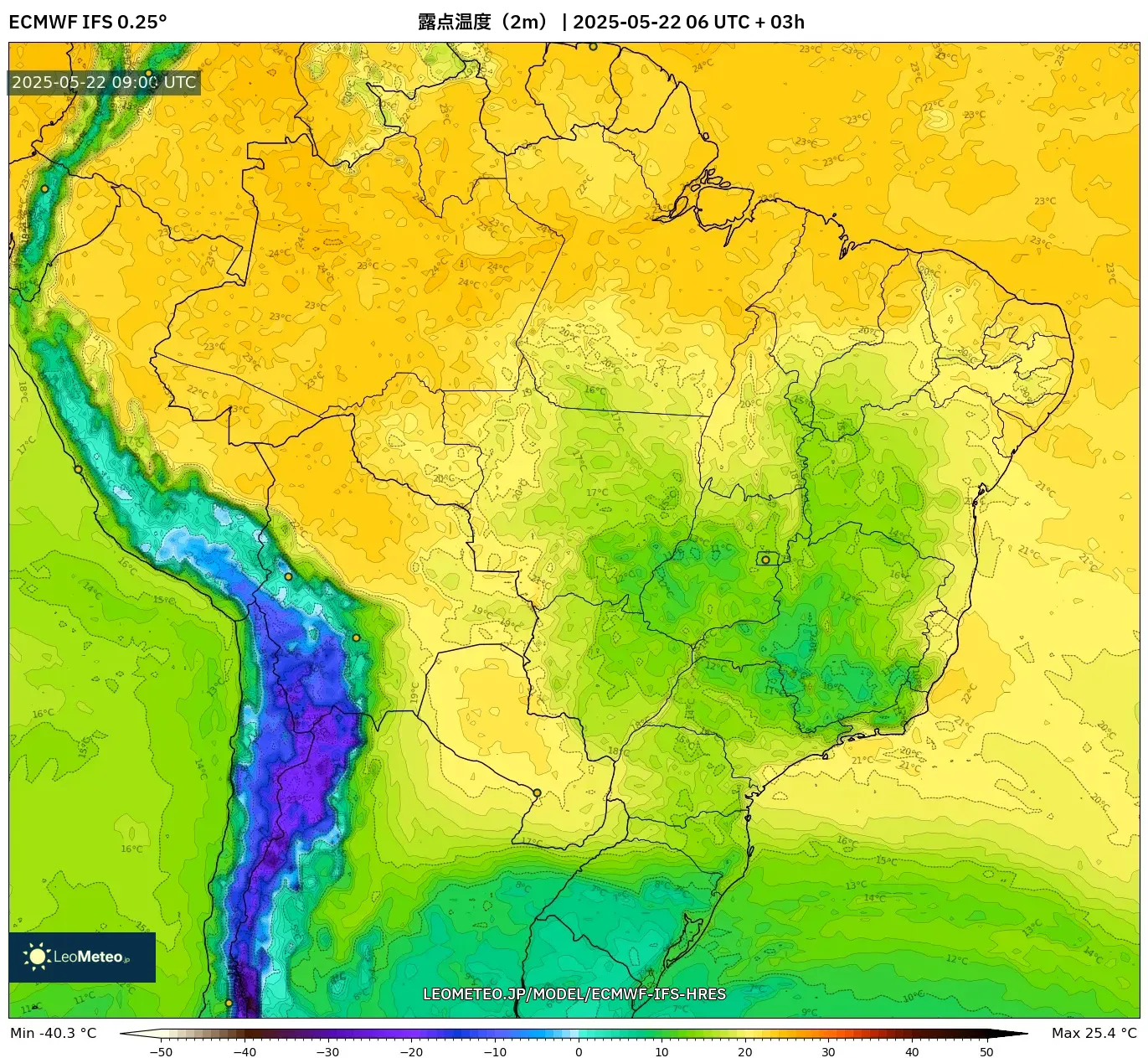 ECMWF IFS 0.25° model - ブラジル, 露点温度(2m) ECMWF IFS 0.25° model - ブラジル, 露点温度(2m)