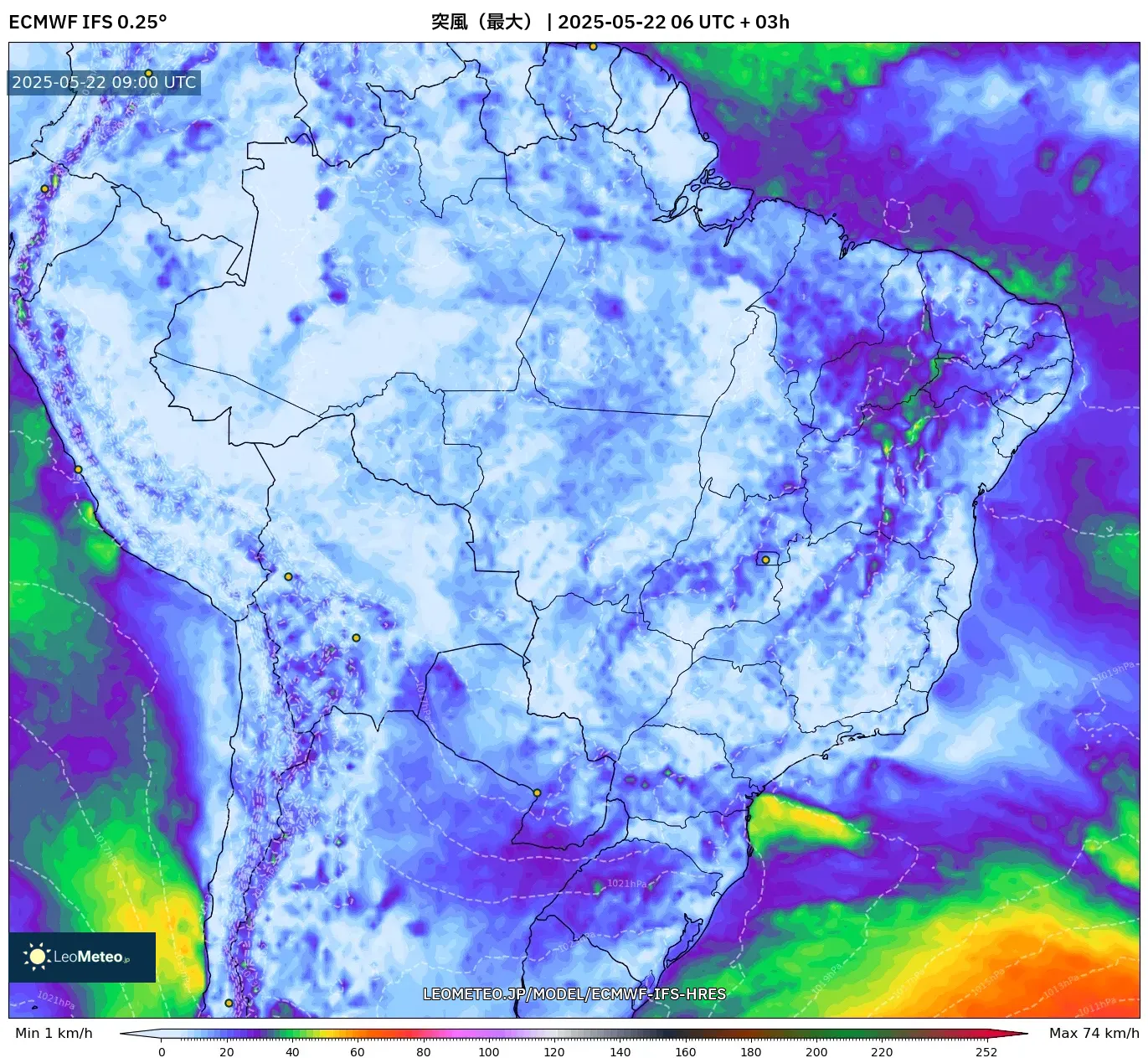 ECMWF IFS 0.25° model - ブラジル, 突風(最大) ECMWF IFS 0.25° model - ブラジル, 突風(最大)