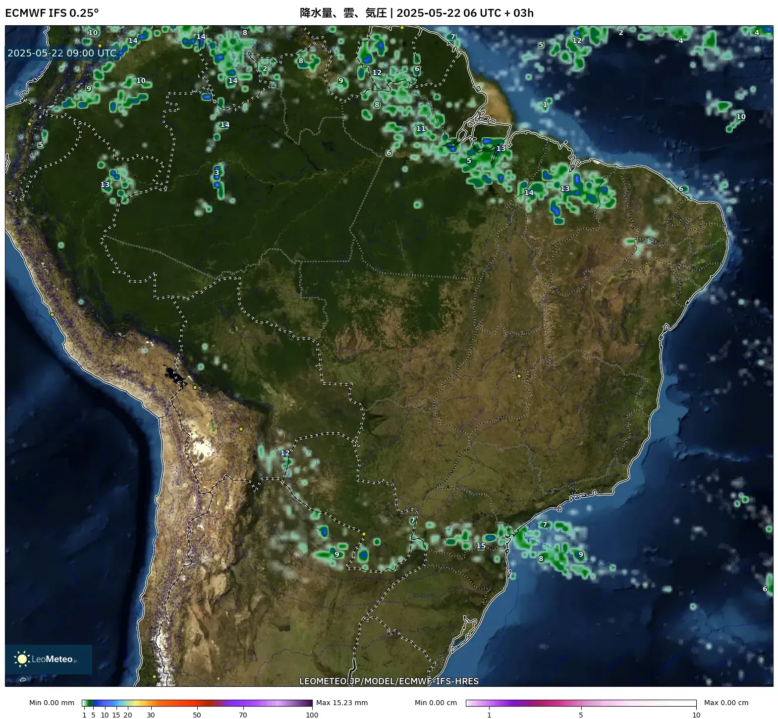 ECMWF IFS 0.25° model - ブラジル, 降水量、雲、気圧 ECMWF IFS 0.25° model - ブラジル, 降水量、雲、気圧