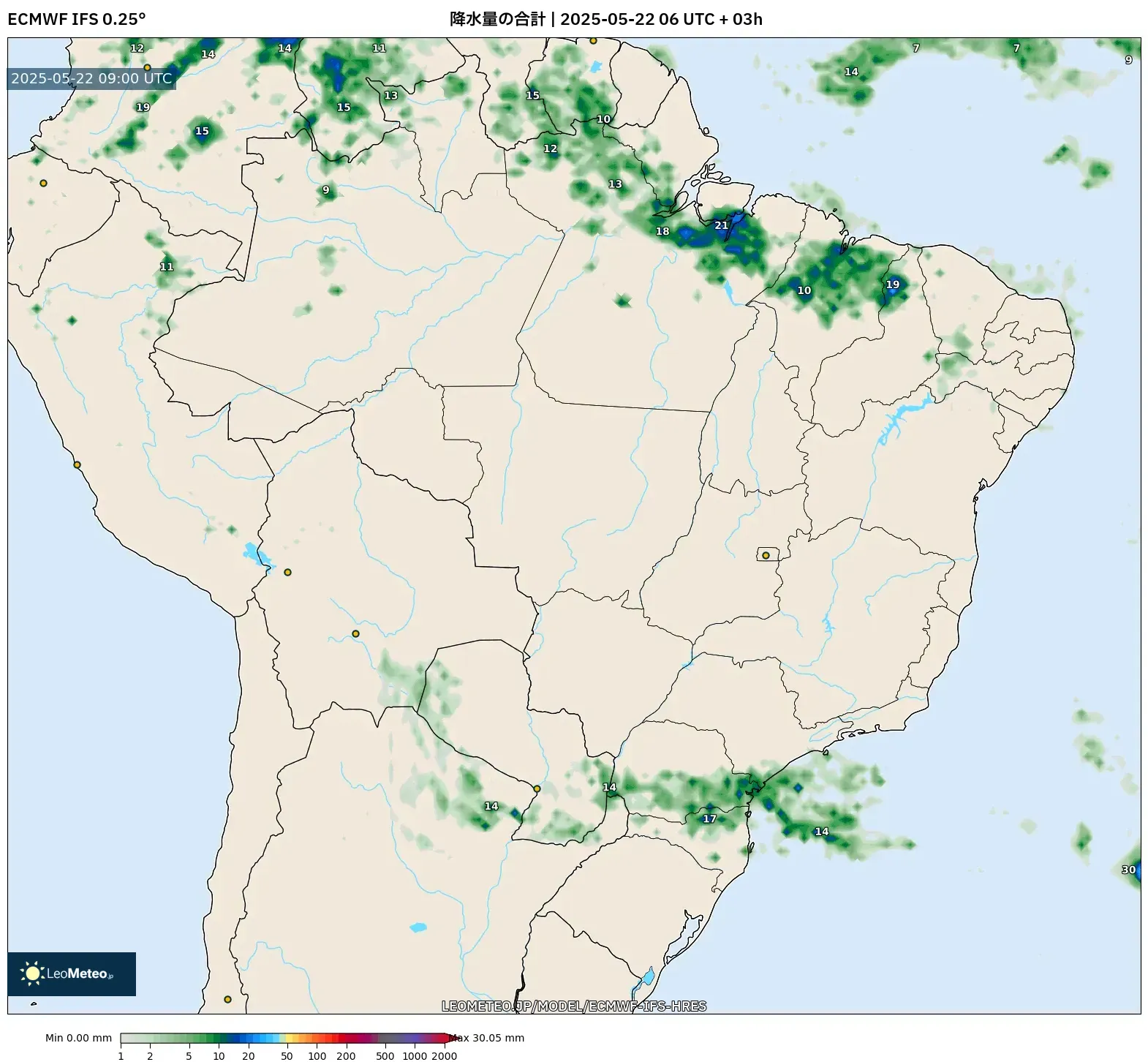 ECMWF IFS 0.25° model - ブラジル, 降水量の合計 ECMWF IFS 0.25° model - ブラジル, 降水量の合計