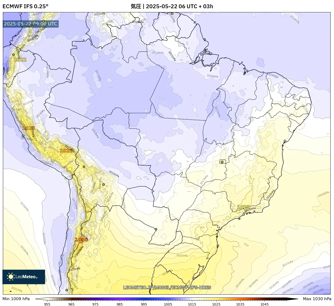 ECMWF IFS 0.25° model - ブラジル, 気圧 ECMWF IFS 0.25° model - ブラジル, 気圧