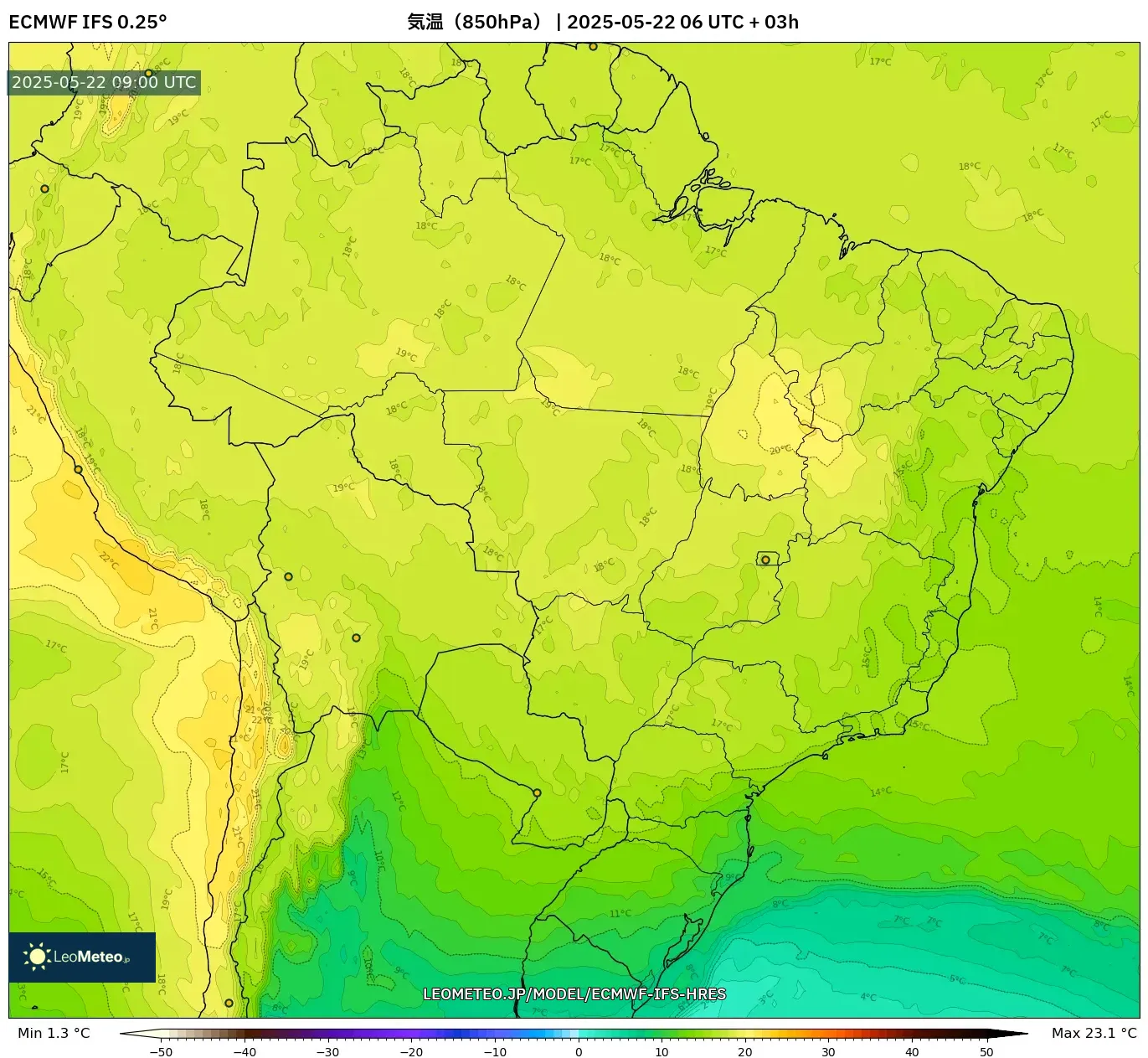ECMWF IFS 0.25° model - ブラジル, 気温(850hPa) ECMWF IFS 0.25° model - ブラジル, 気温(850hPa)