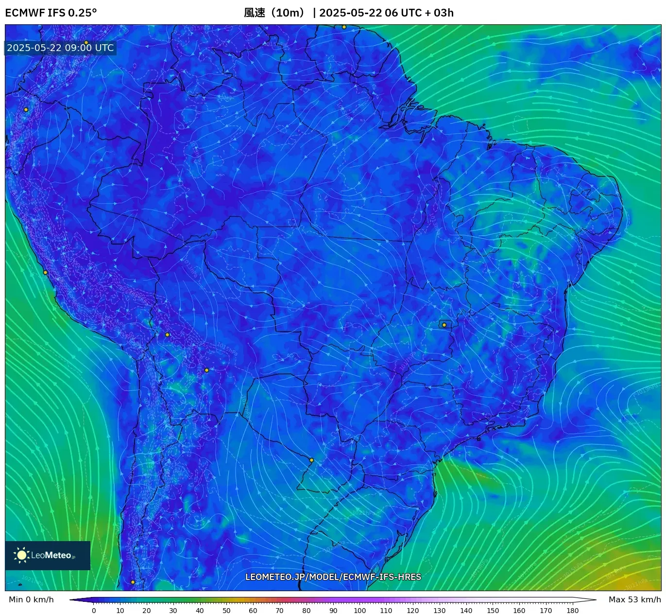 ECMWF IFS 0.25° model - ブラジル, 風速(10m) ECMWF IFS 0.25° model - ブラジル, 風速(10m)