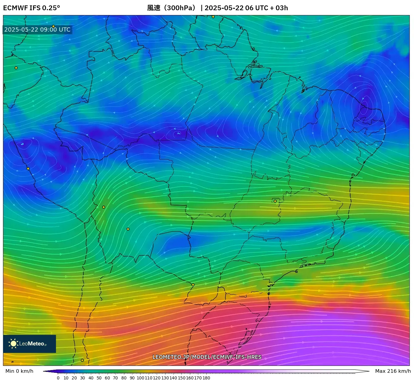 ECMWF IFS 0.25° model - ブラジル, 風速(300hPa) ECMWF IFS 0.25° model - ブラジル, 風速(300hPa)