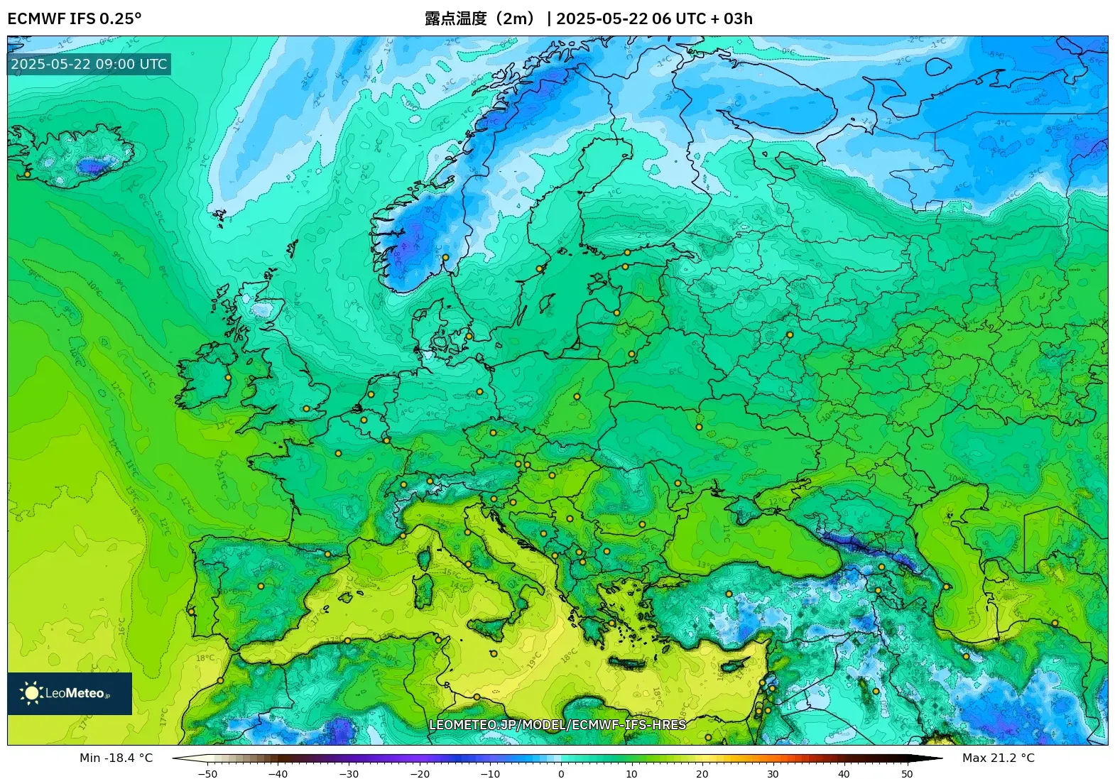 ECMWF IFS 0.25° model - ヨーロッパ, 露点温度（2m）