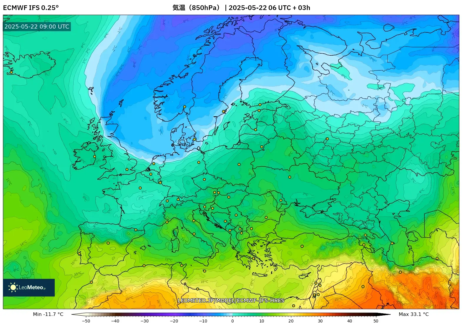 ECMWF IFS 0.25° model - ヨーロッパ, 気温（850hPa）