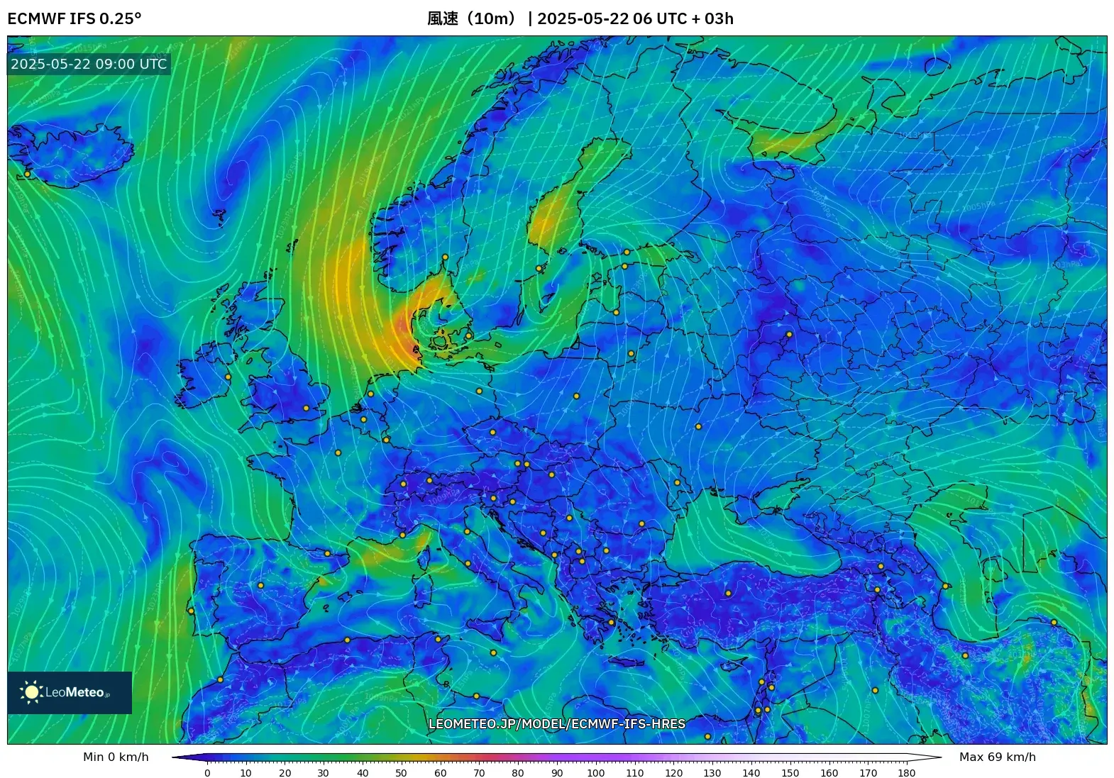 ECMWF IFS 0.25° model - ヨーロッパ, 風速（10m）