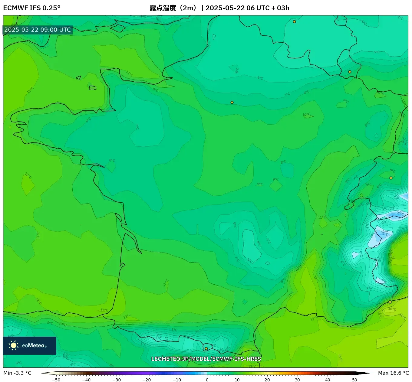ECMWF IFS 0.25° model - フランス, 露点温度(2m) ECMWF IFS 0.25° model - フランス, 露点温度(2m)