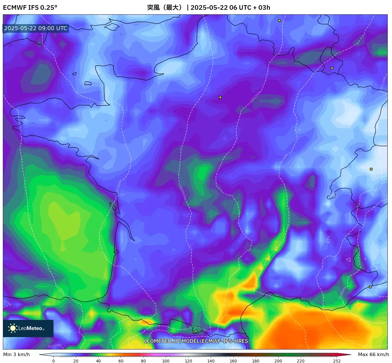 ECMWF IFS 0.25° model - フランス, 突風(最大) ECMWF IFS 0.25° model - フランス, 突風(最大)