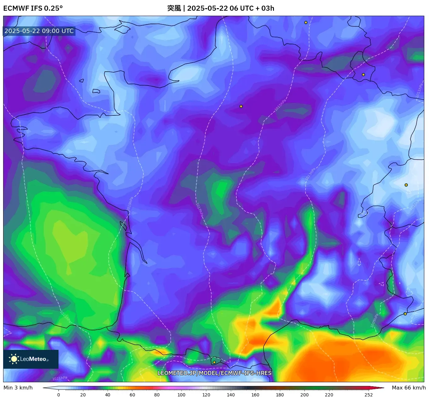 ECMWF IFS 0.25° model - フランス, 突風 ECMWF IFS 0.25° model - フランス, 突風