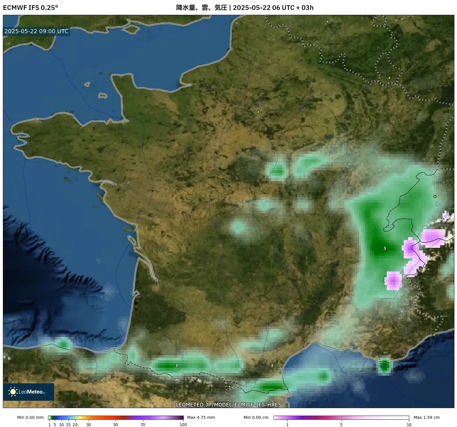 ECMWF IFS 0.25° model - フランス, 降水量、雲、気圧 ECMWF IFS 0.25° model - フランス, 降水量、雲、気圧