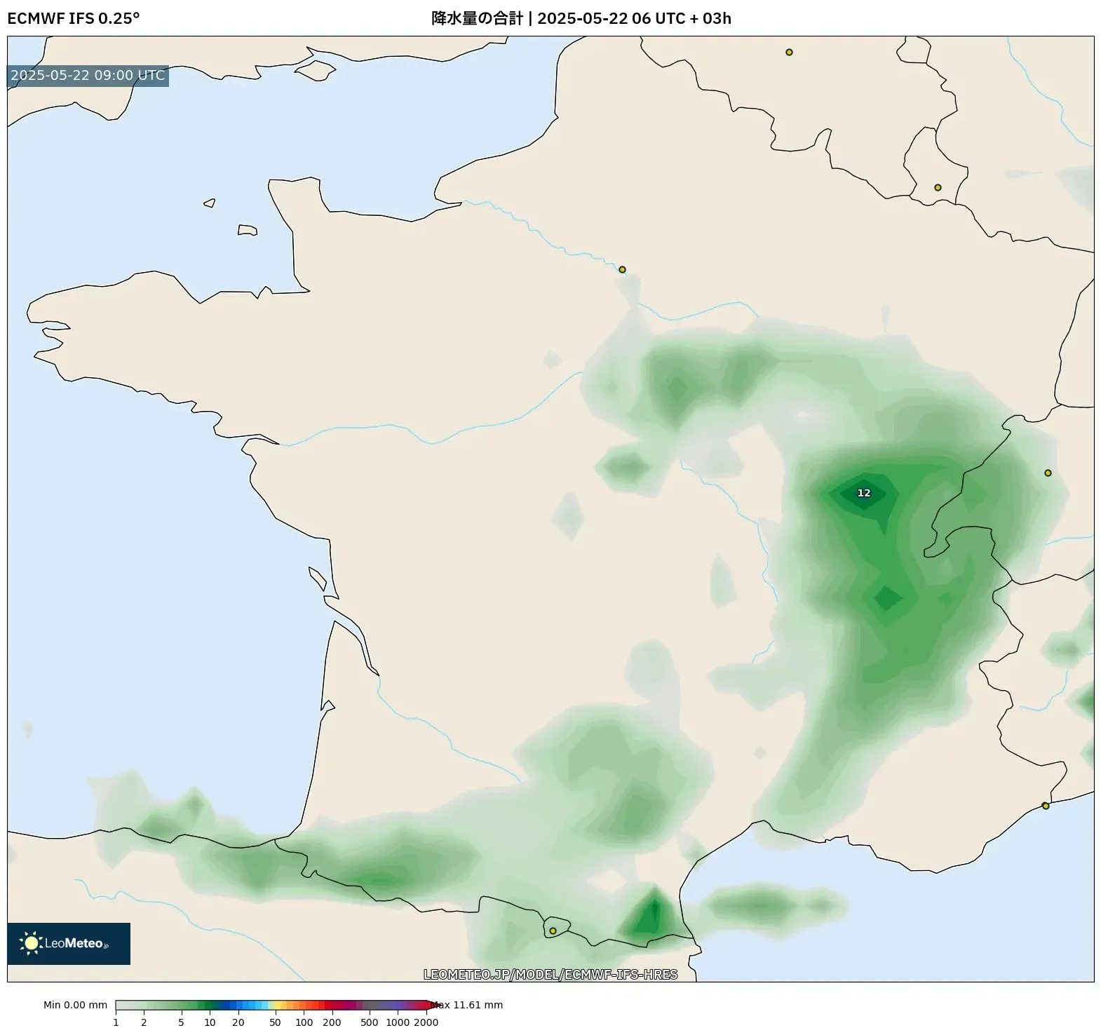 ECMWF IFS 0.25° model - フランス, 降水量の合計 ECMWF IFS 0.25° model - フランス, 降水量の合計