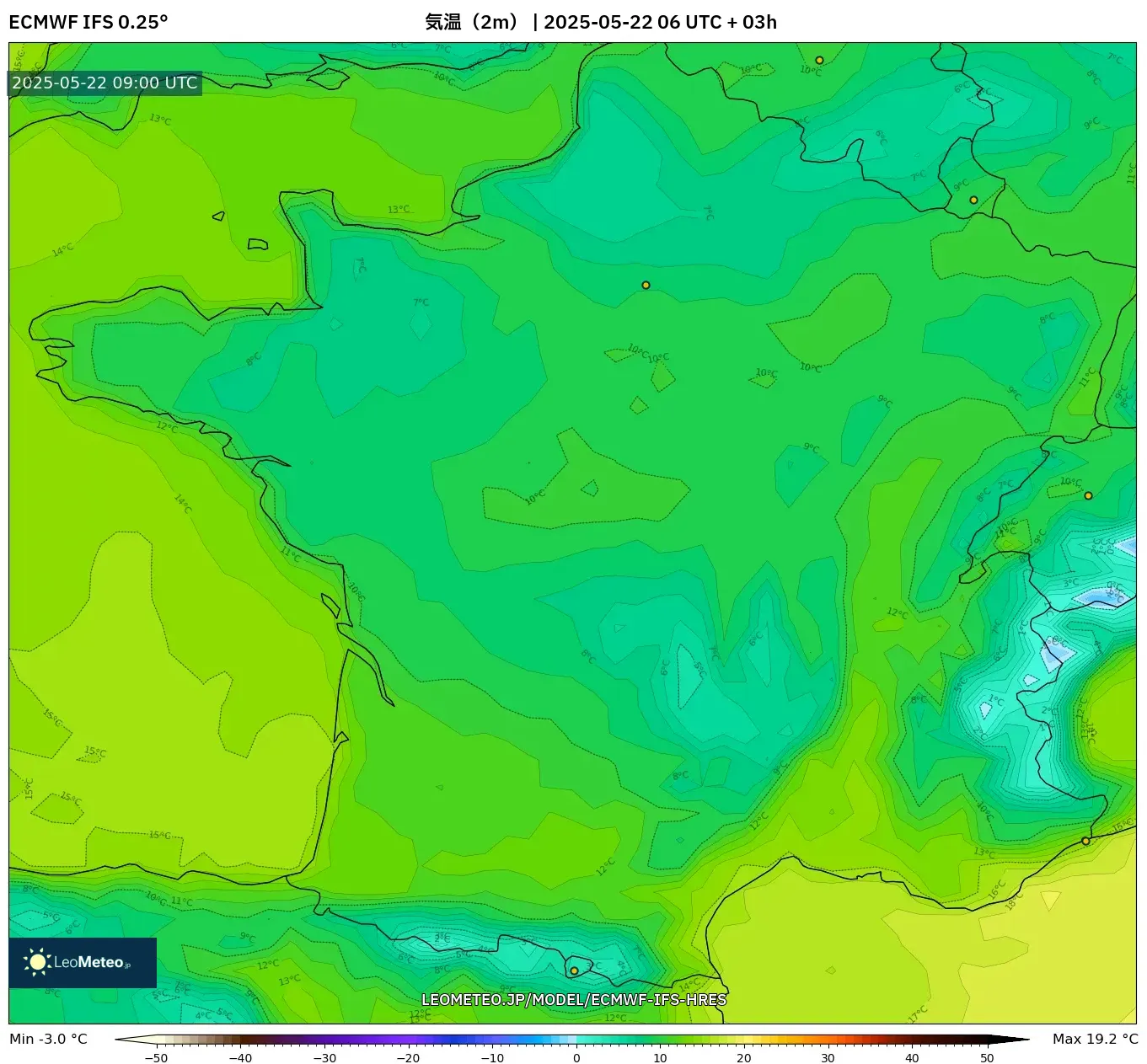 ECMWF IFS 0.25° model - フランス, 気温(2m) ECMWF IFS 0.25° model - フランス, 気温(2m)