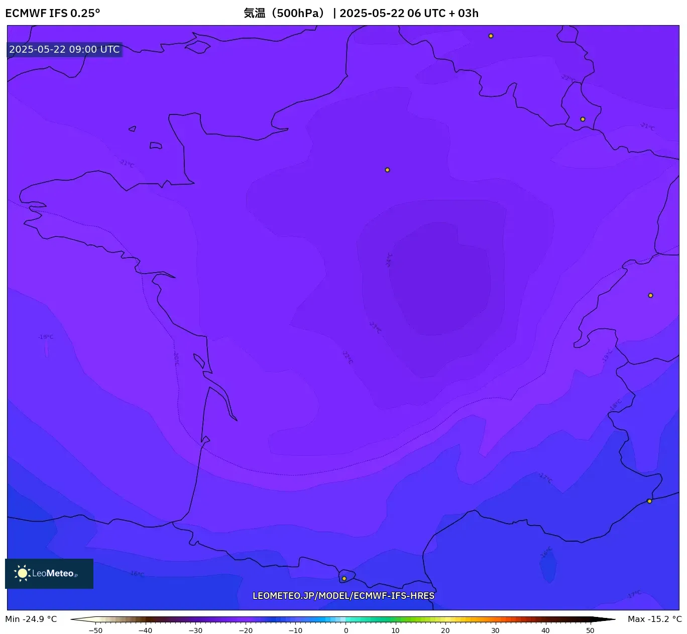 ECMWF IFS 0.25° model - フランス, 気温（500hPa）