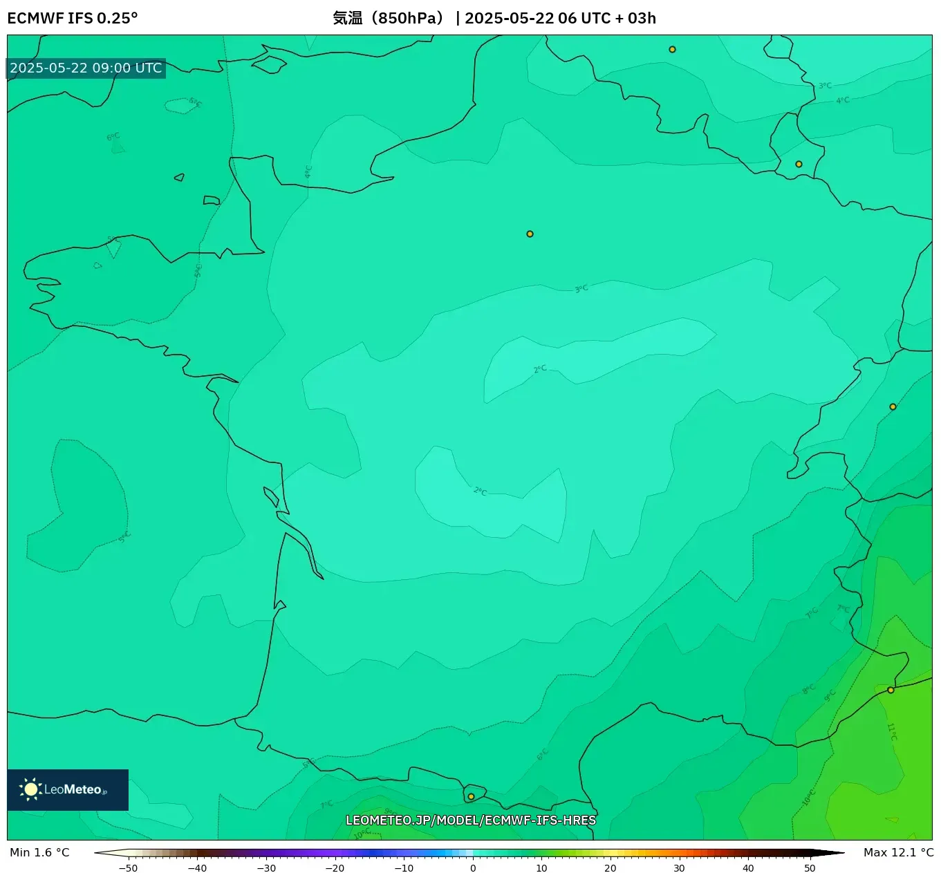 ECMWF IFS 0.25° model - フランス, 気温(850hPa) ECMWF IFS 0.25° model - フランス, 気温(850hPa)