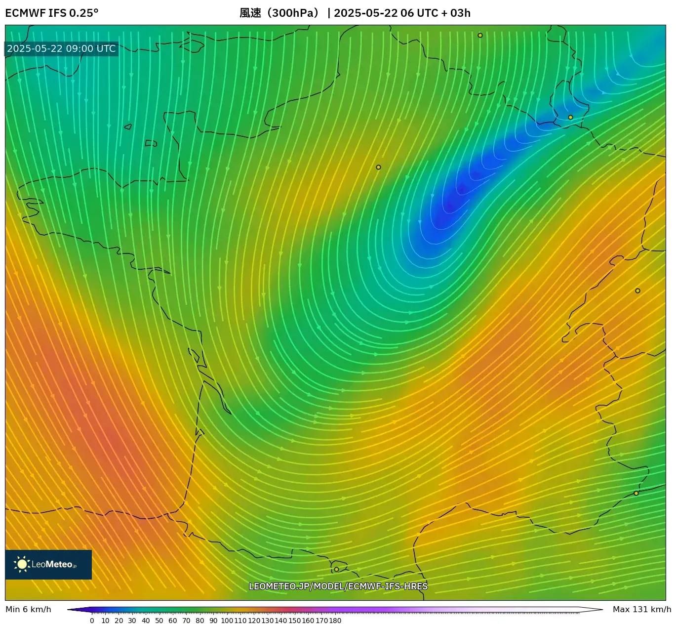 ECMWF IFS 0.25° model - フランス, 風速(300hPa) ECMWF IFS 0.25° model - フランス, 風速(300hPa)