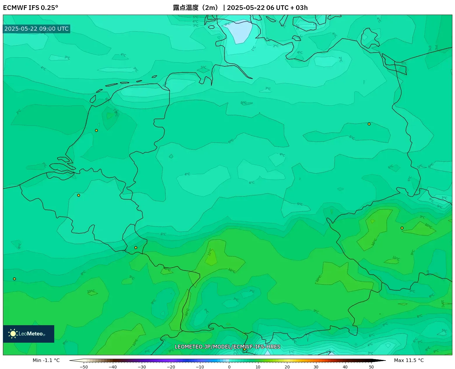 ECMWF IFS 0.25° model - ドイツ, 露点温度(2m) ECMWF IFS 0.25° model - ドイツ, 露点温度(2m)