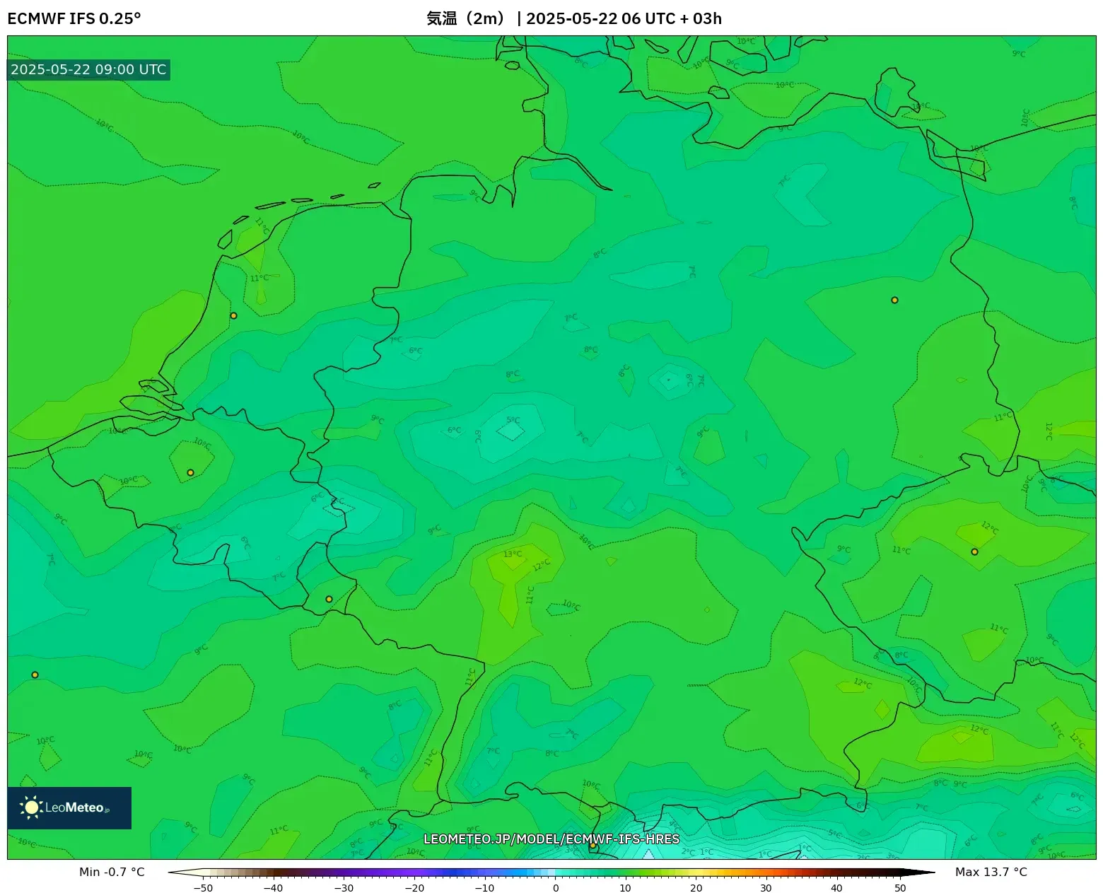 ECMWF IFS 0.25° model - ドイツ, 気温(2m) ECMWF IFS 0.25° model - ドイツ, 気温(2m)