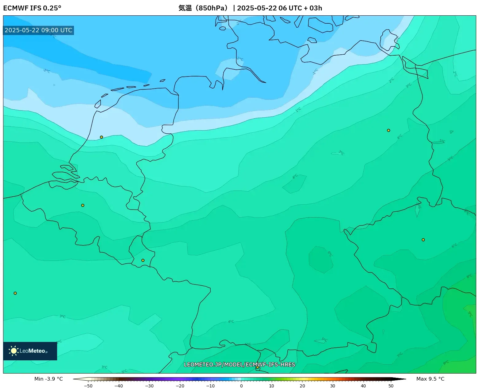 ECMWF IFS 0.25° model - ドイツ, 気温(850hPa) ECMWF IFS 0.25° model - ドイツ, 気温(850hPa)