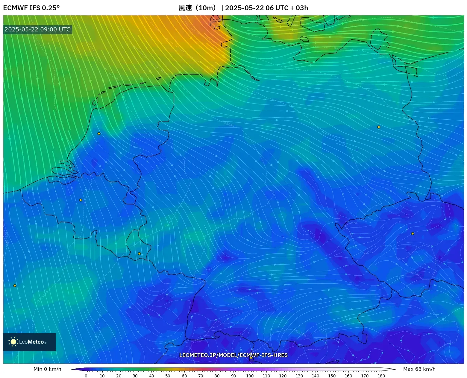 ECMWF IFS 0.25° model - ドイツ, 風速(10m) ECMWF IFS 0.25° model - ドイツ, 風速(10m)