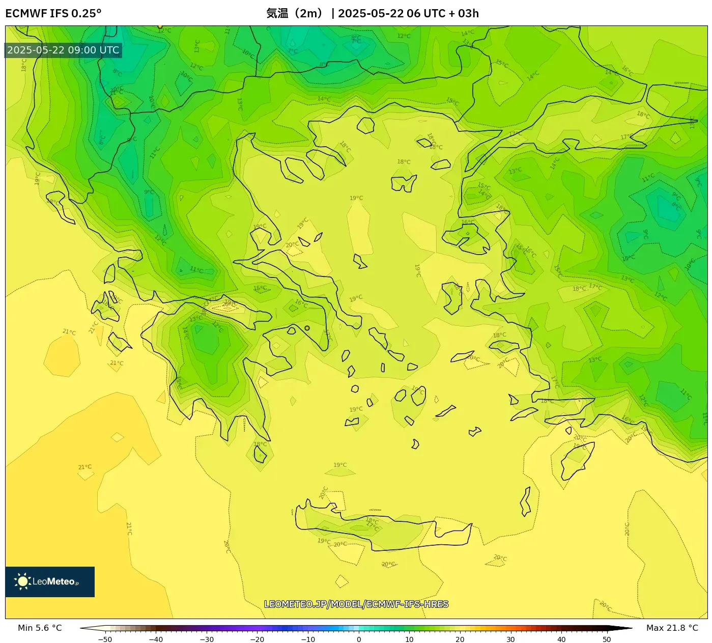 ECMWF IFS 0.25° model - ギリシャ, 気温(2m) ECMWF IFS 0.25° model - ギリシャ, 気温(2m)