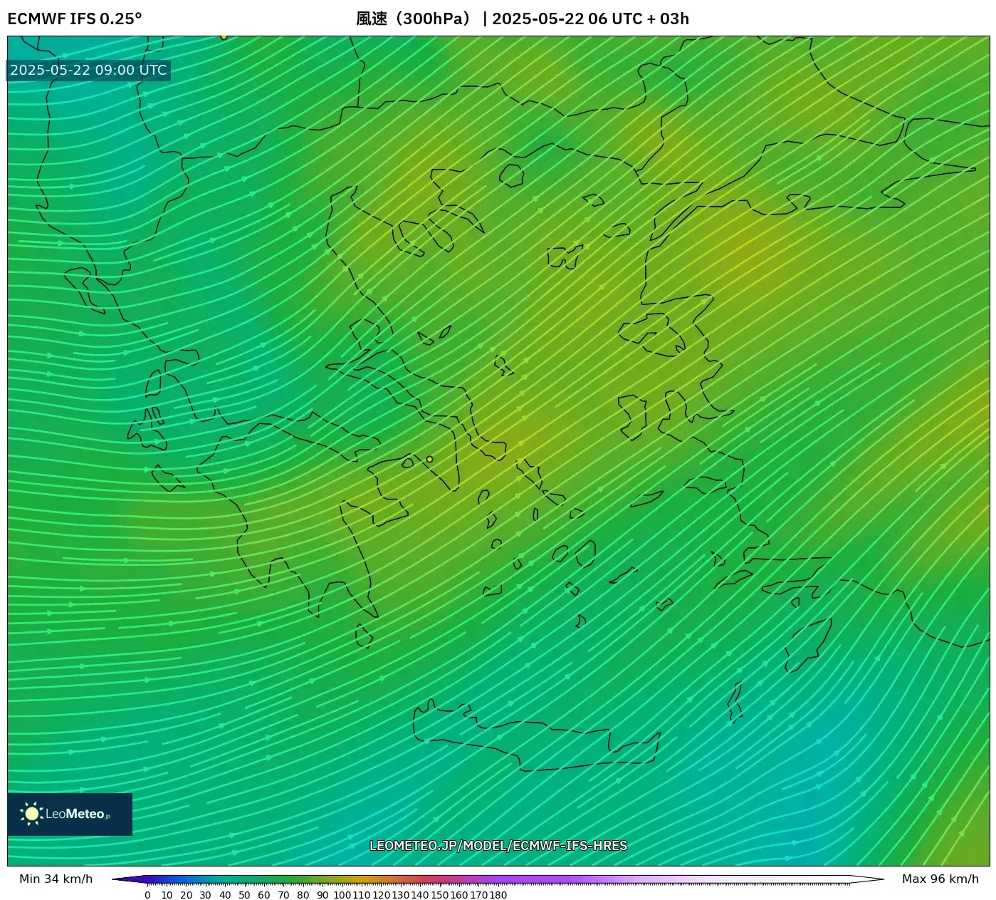 ECMWF IFS 0.25° model - ギリシャ, 風速（300hPa）
