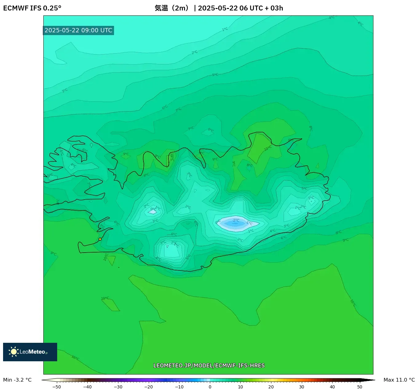 ECMWF IFS 0.25° model - アイスランド, 気温(2m) ECMWF IFS 0.25° model - アイスランド, 気温(2m)