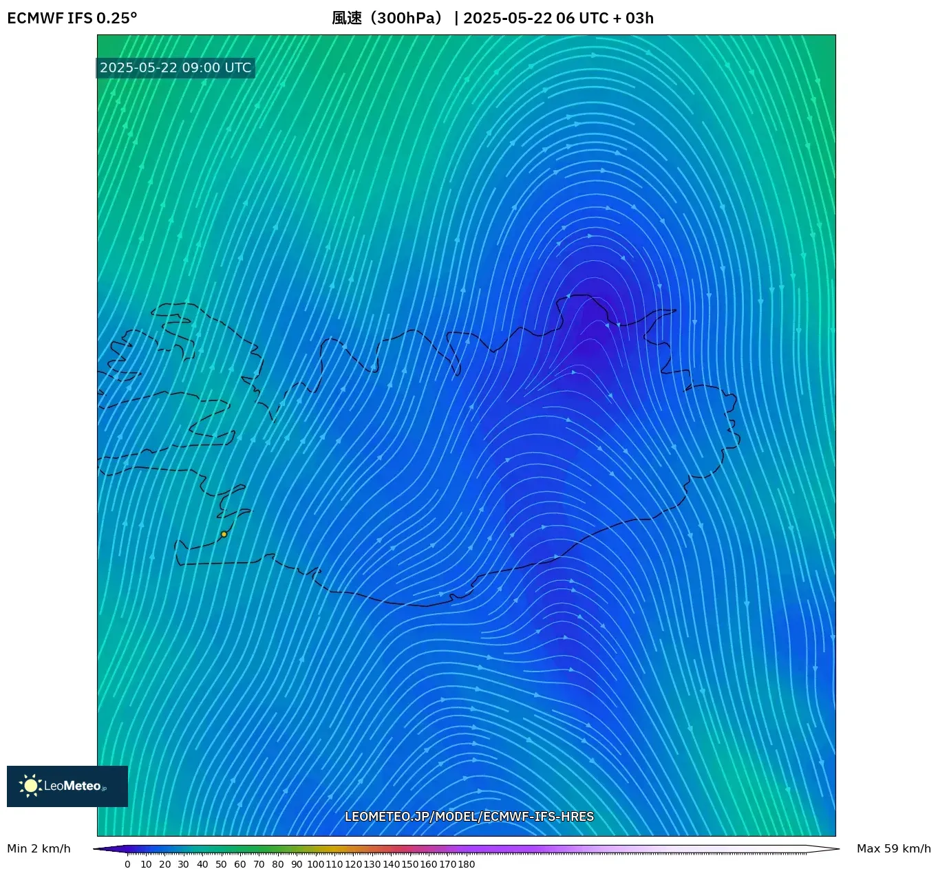 ECMWF IFS 0.25° model - アイスランド, 風速(300hPa) ECMWF IFS 0.25° model - アイスランド, 風速(300hPa)