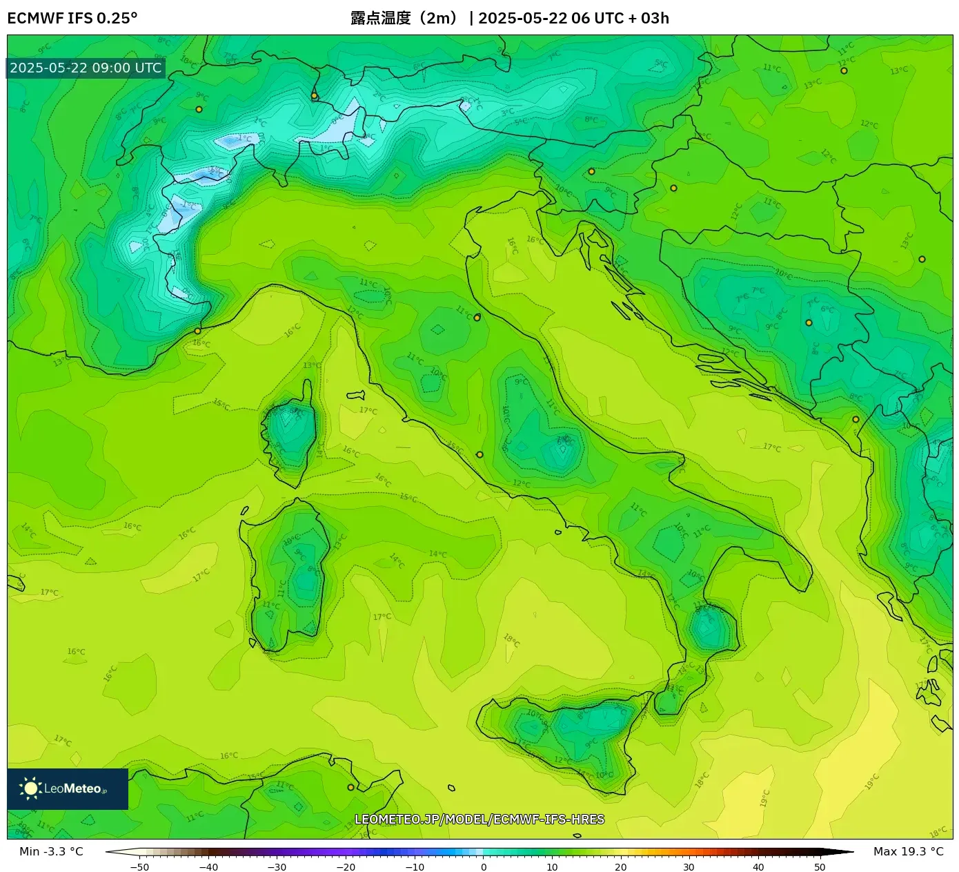 ECMWF IFS 0.25° model - イタリア, 露点温度(2m) ECMWF IFS 0.25° model - イタリア, 露点温度(2m)