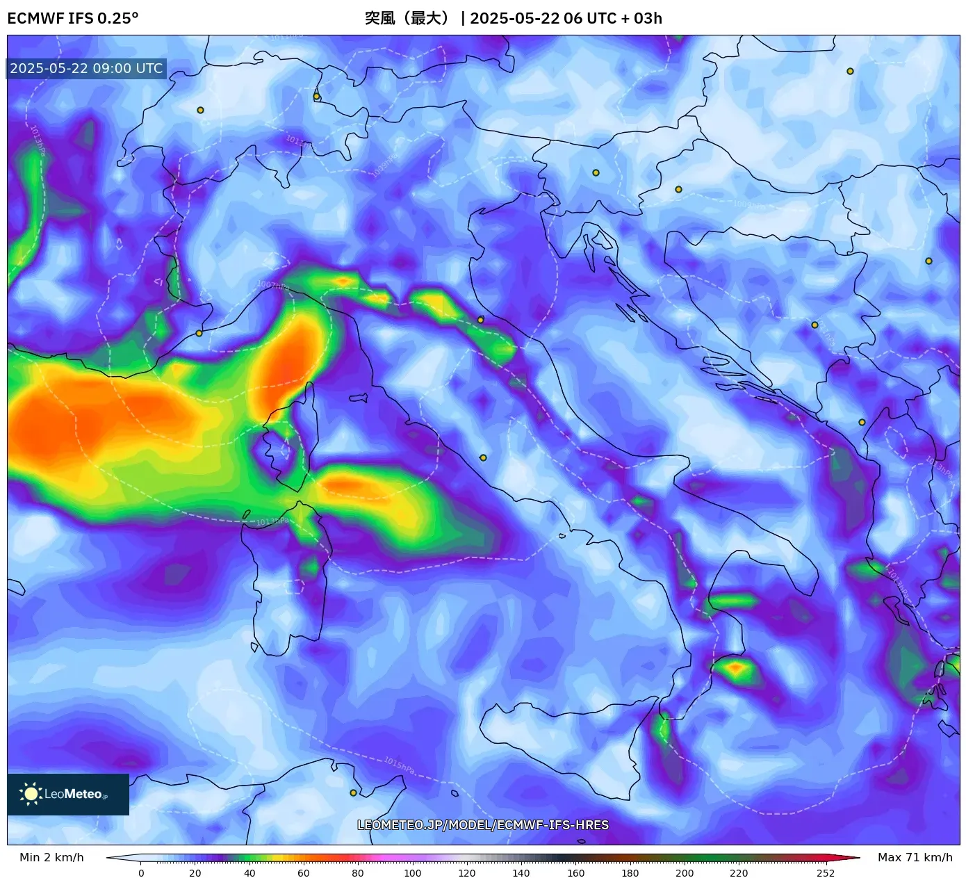 ECMWF IFS 0.25° model - イタリア, 突風(最大) ECMWF IFS 0.25° model - イタリア, 突風(最大)