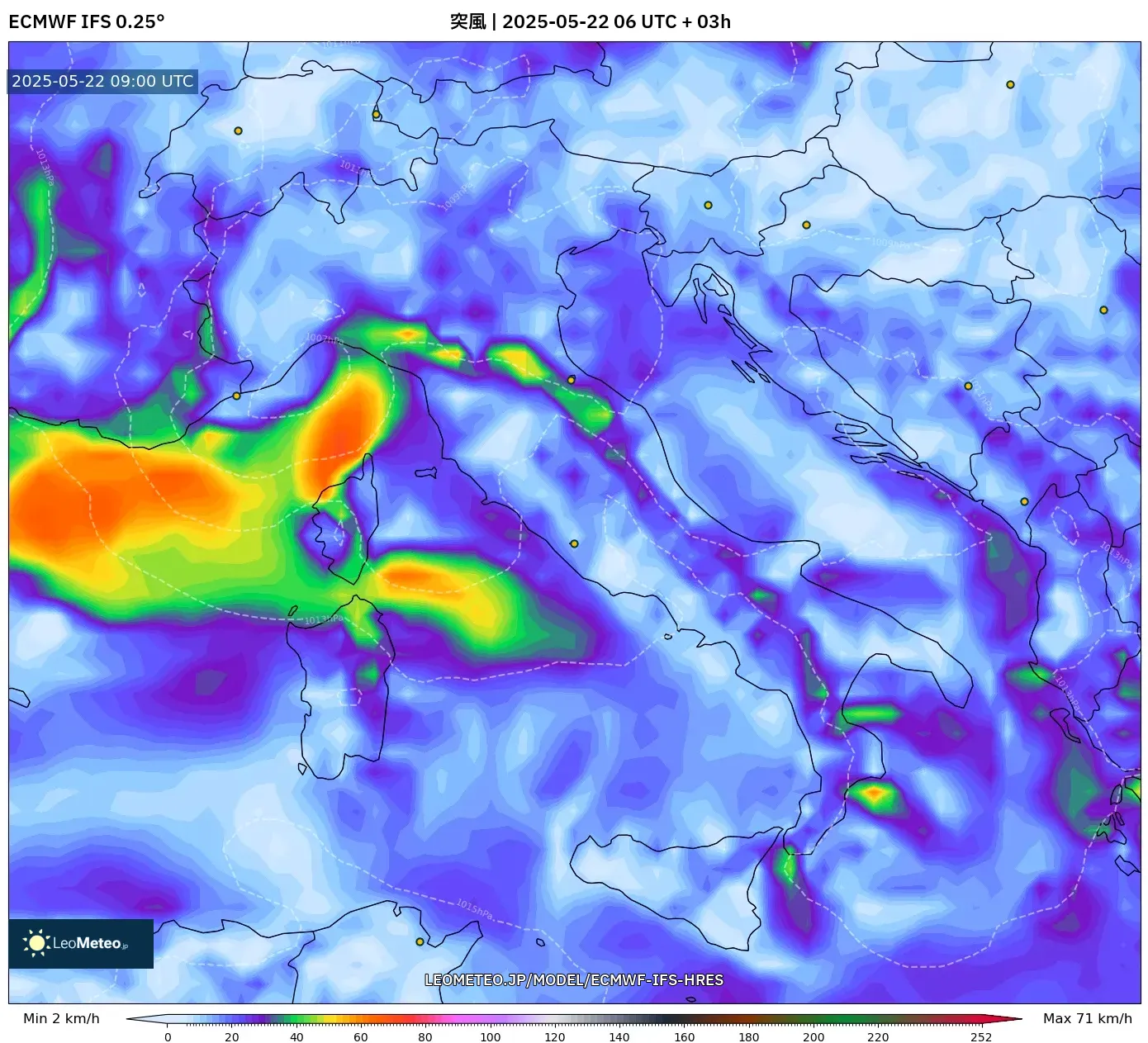 ECMWF IFS 0.25° model - イタリア, 突風 ECMWF IFS 0.25° model - イタリア, 突風