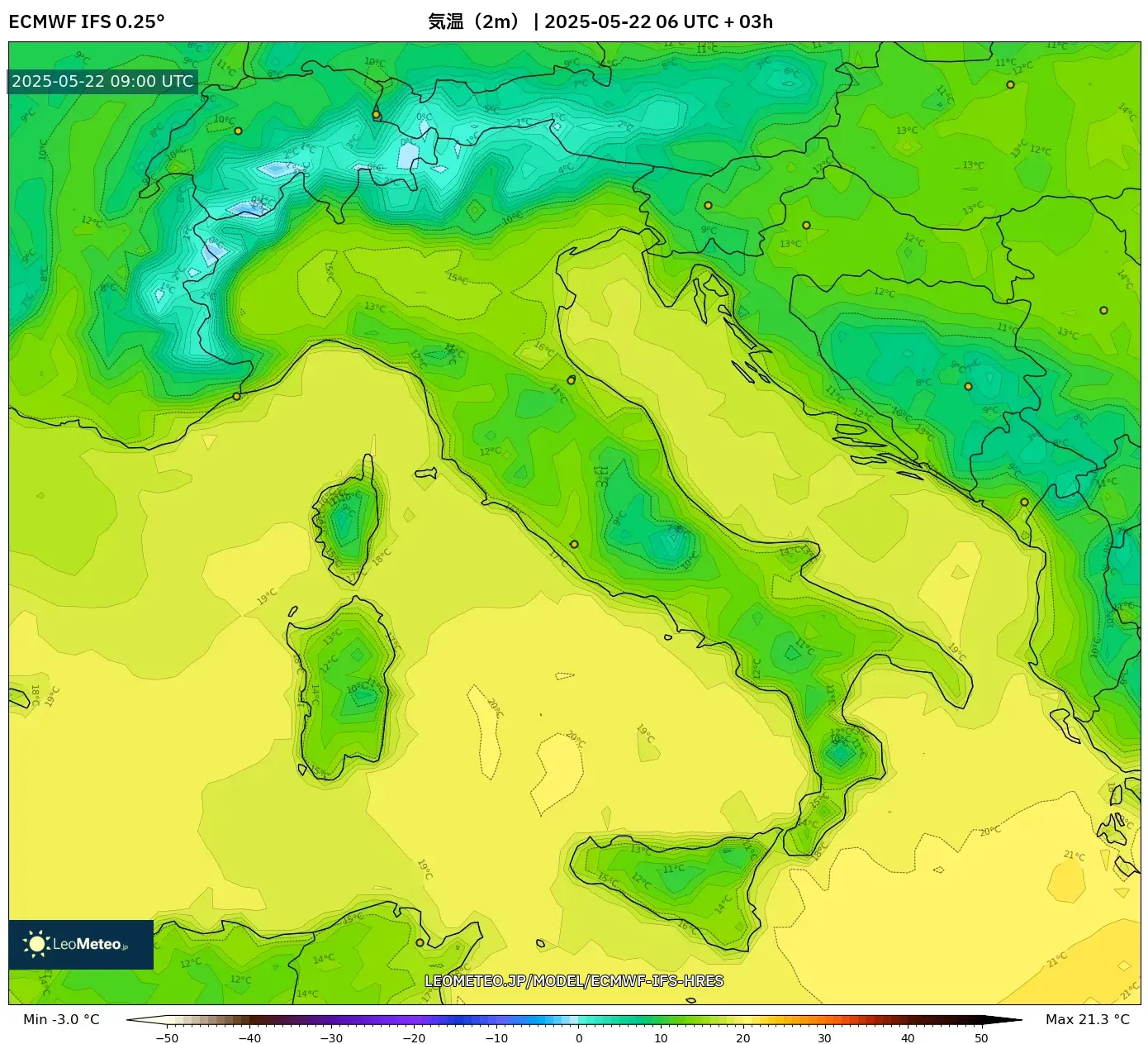 ECMWF IFS 0.25° model - イタリア, 気温(2m) ECMWF IFS 0.25° model - イタリア, 気温(2m)