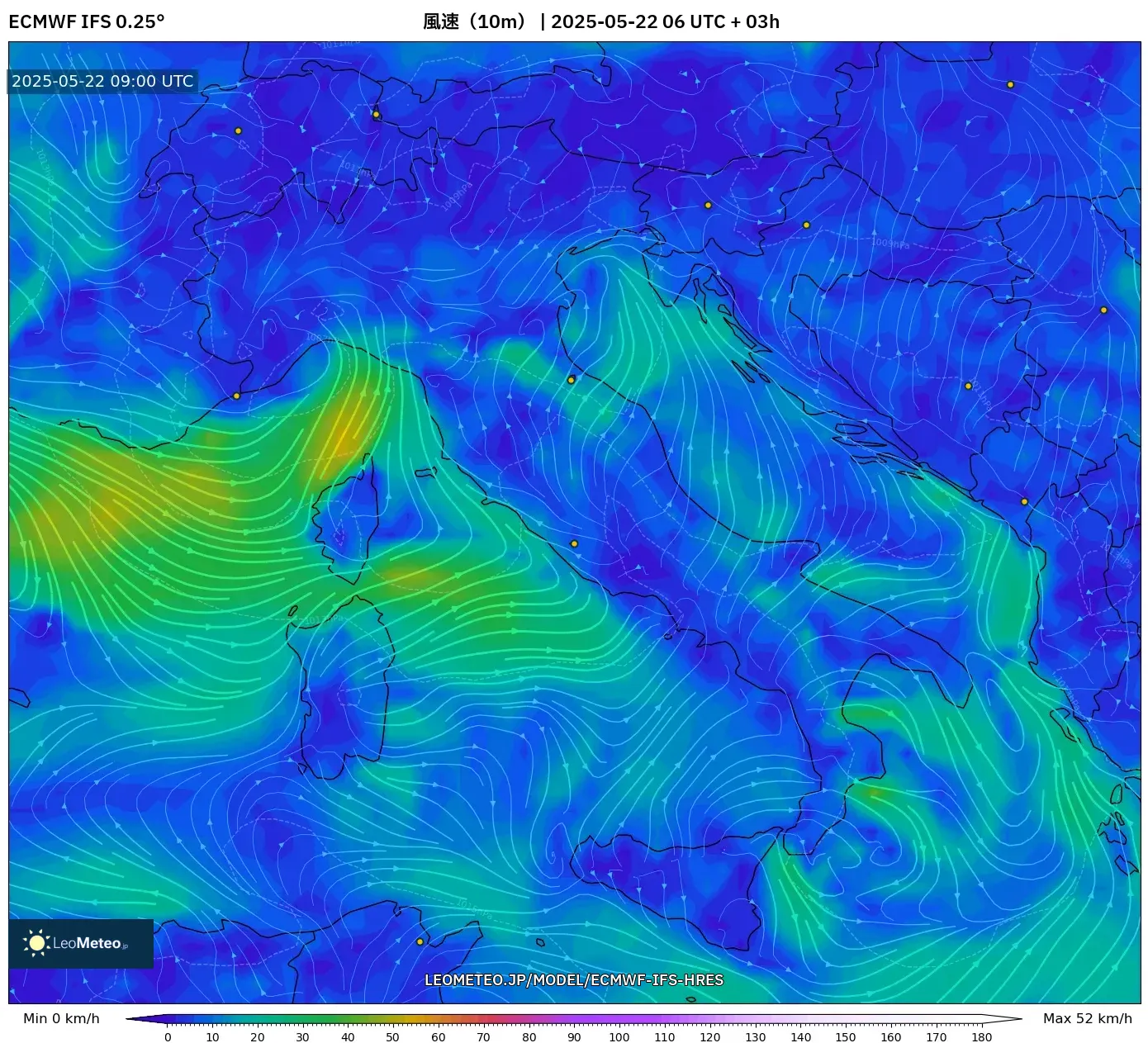ECMWF IFS 0.25° model - イタリア, 風速(10m) ECMWF IFS 0.25° model - イタリア, 風速(10m)