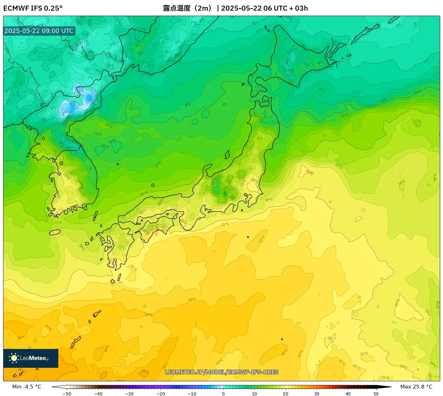 ECMWF IFS 0.25° model - 日本, 露点温度(2m) ECMWF IFS 0.25° model - 日本, 露点温度(2m)