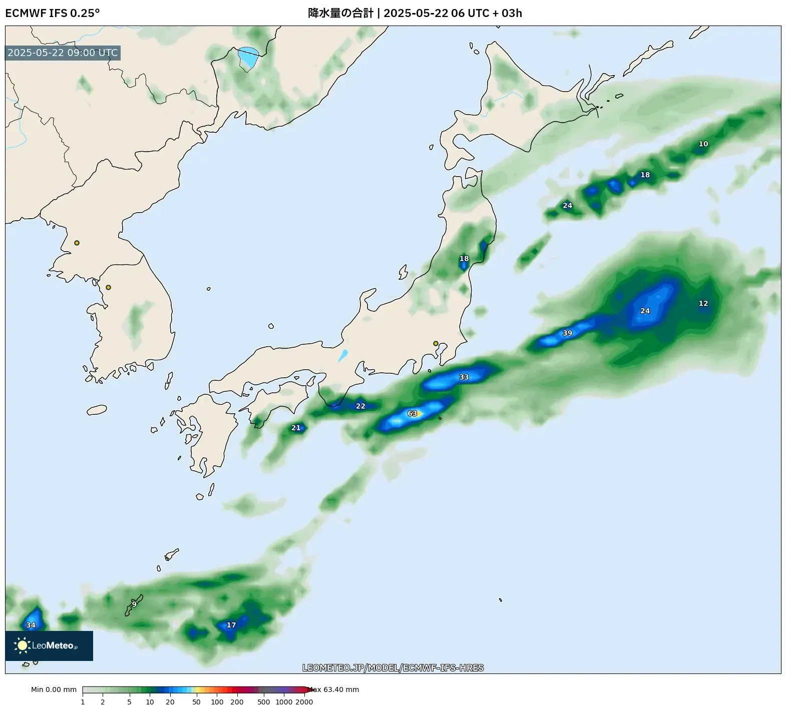 ECMWF IFS 0.25° model - 日本, 降水量の合計 ECMWF IFS 0.25° model - 日本, 降水量の合計