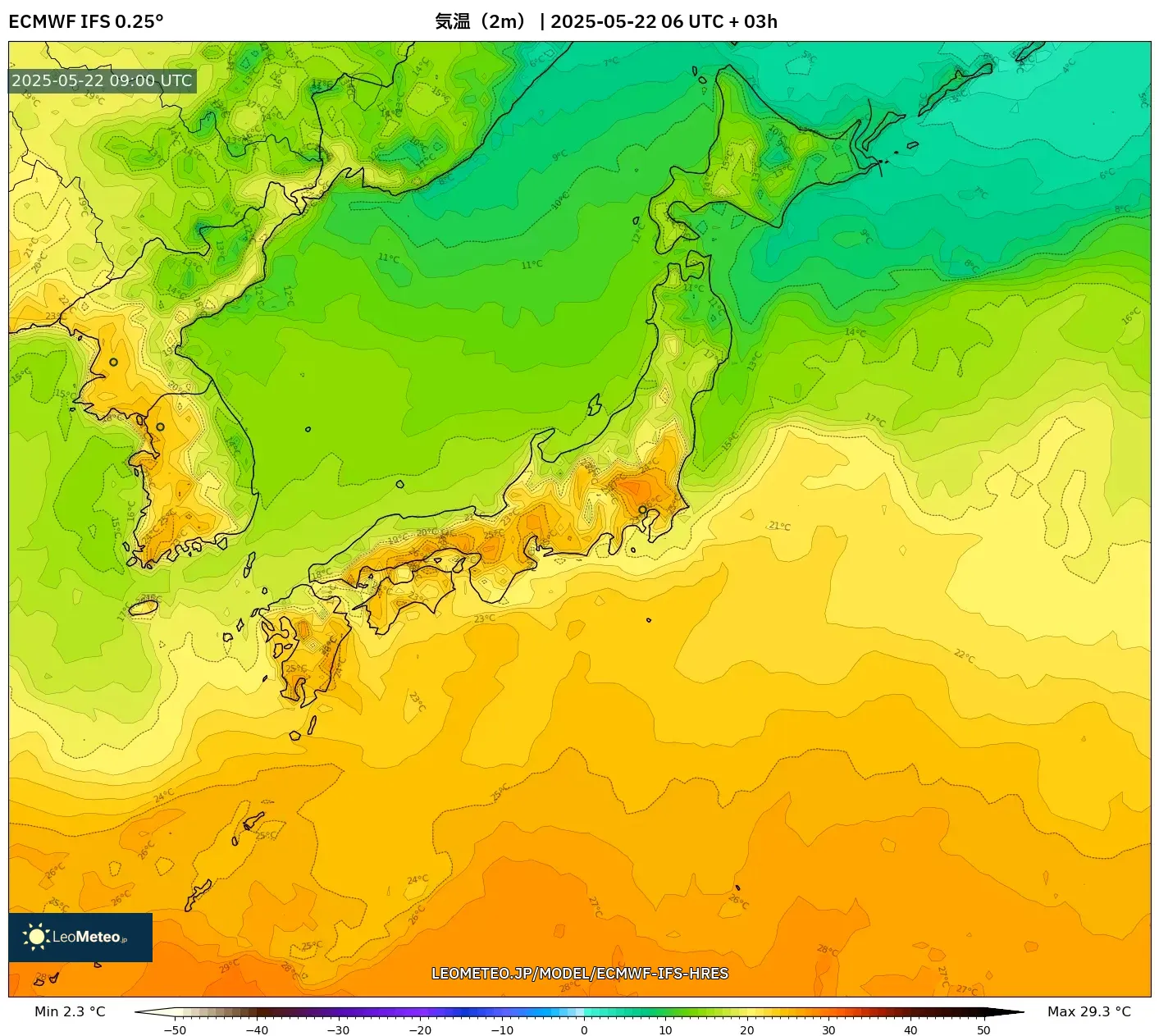 ECMWF IFS 0.25° model - 日本, 気温(2m) ECMWF IFS 0.25° model - 日本, 気温(2m)