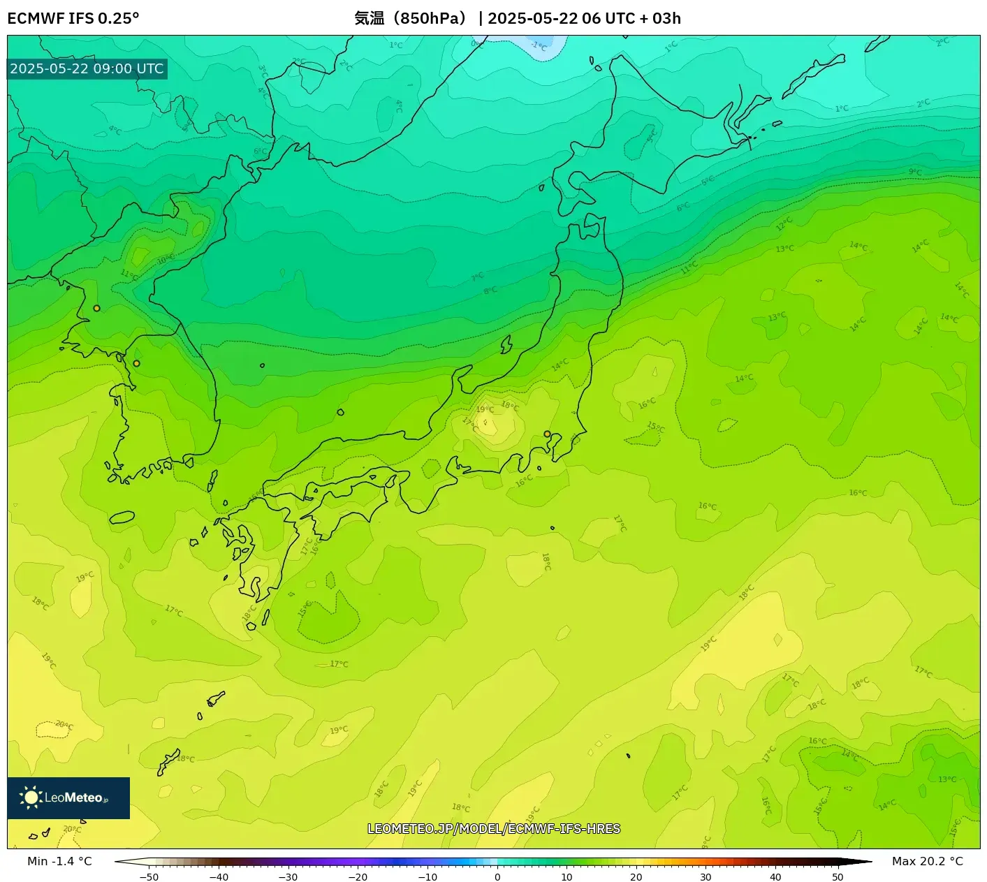 ECMWF IFS 0.25° model - 日本, 気温(850hPa) ECMWF IFS 0.25° model - 日本, 気温(850hPa)