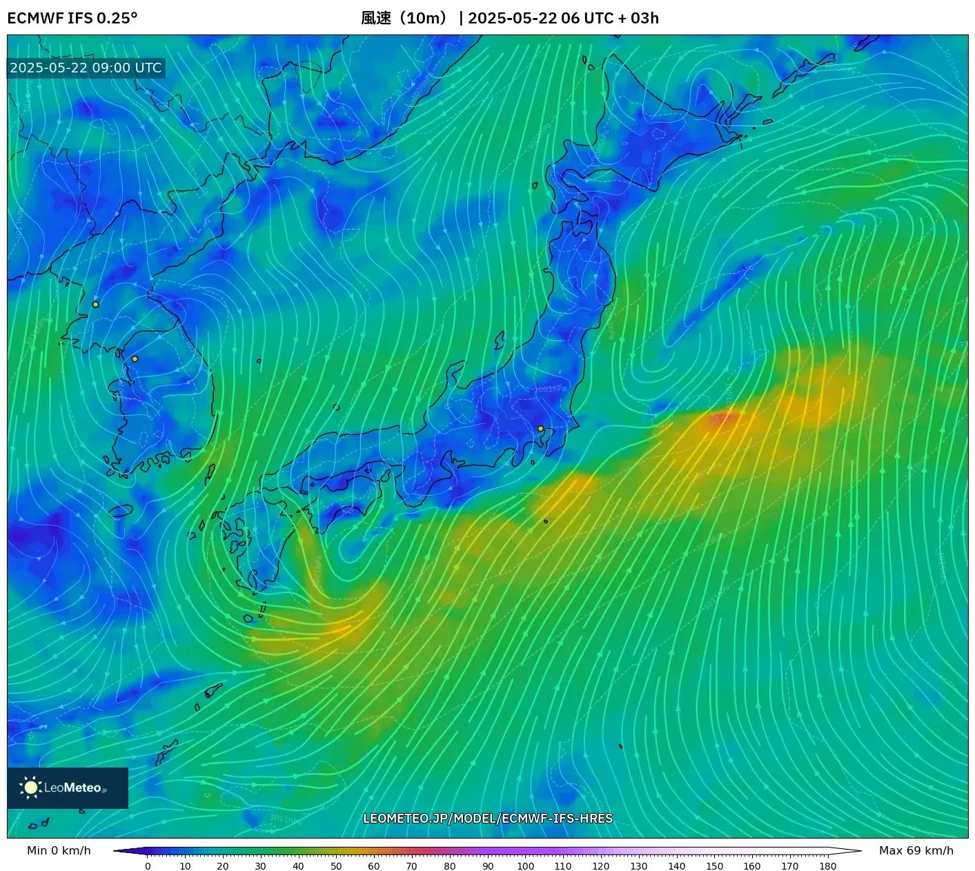 ECMWF IFS 0.25° model - 日本, 風速(10m) ECMWF IFS 0.25° model - 日本, 風速(10m)
