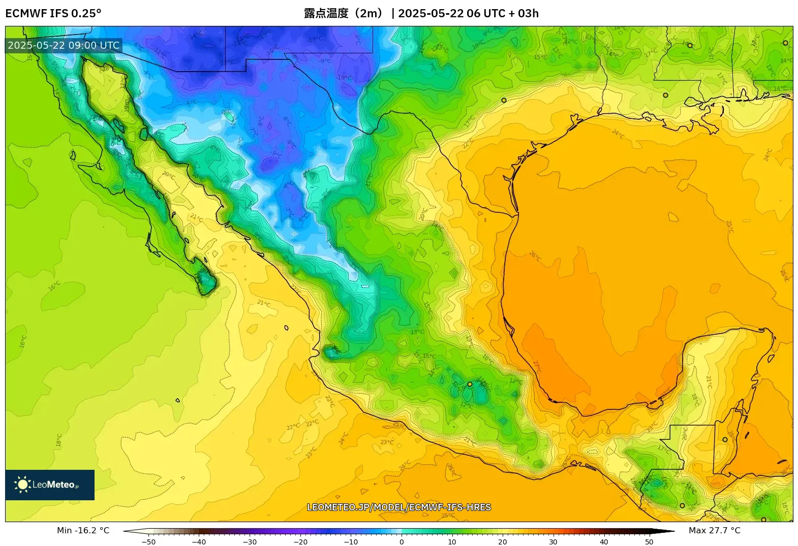 ECMWF IFS 0.25° model - メキシコ, 露点温度(2m) ECMWF IFS 0.25° model - メキシコ, 露点温度(2m)