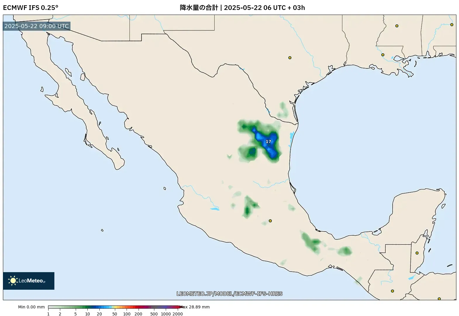 ECMWF IFS 0.25° model - メキシコ, 降水量の合計 ECMWF IFS 0.25° model - メキシコ, 降水量の合計