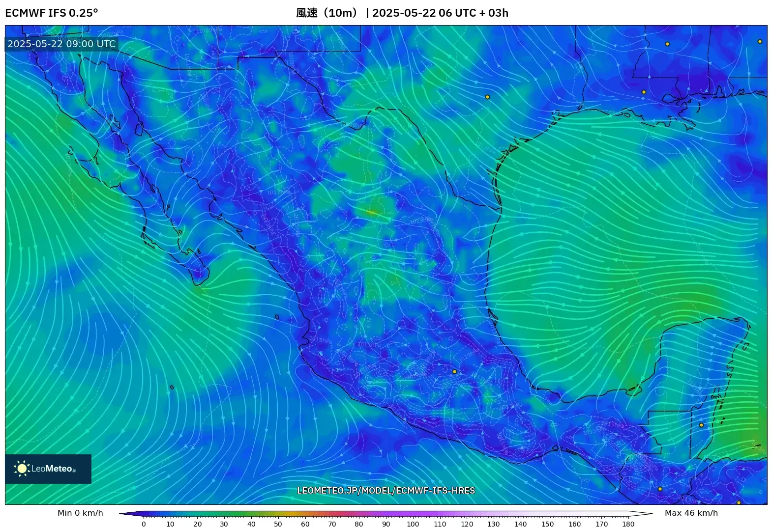 ECMWF IFS 0.25° model - メキシコ, 風速(10m) ECMWF IFS 0.25° model - メキシコ, 風速(10m)