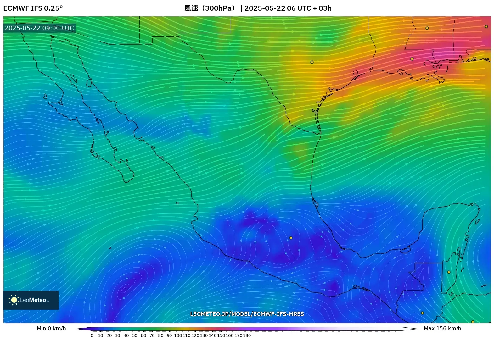 ECMWF IFS 0.25° model - メキシコ, 風速(300hPa) ECMWF IFS 0.25° model - メキシコ, 風速(300hPa)