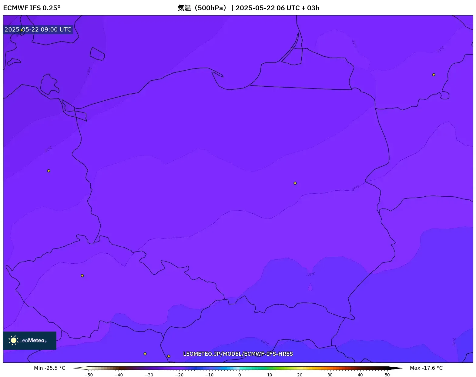 ECMWF IFS 0.25° model - ポーランド, 気温(500hPa) ECMWF IFS 0.25° model - ポーランド, 気温(500hPa)