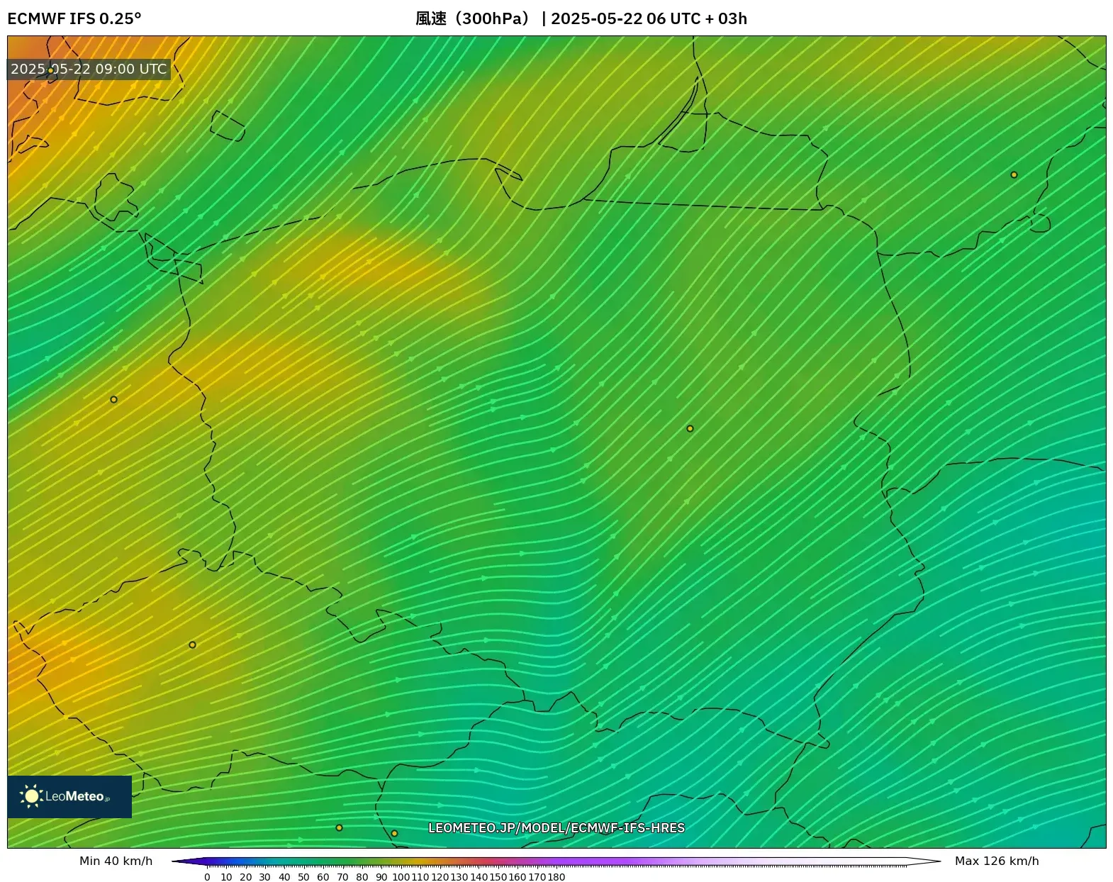 ECMWF IFS 0.25° model - ポーランド, 風速（300hPa）