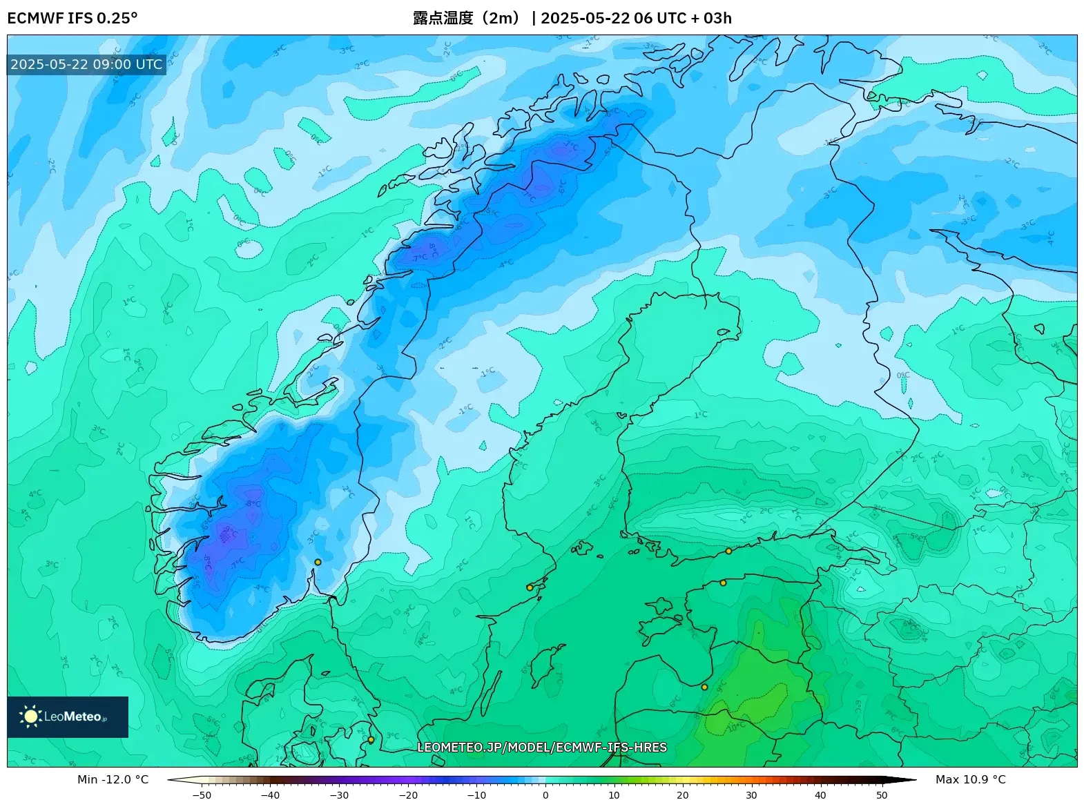 ECMWF IFS 0.25° model - スカンジナビア, 露点温度(2m) ECMWF IFS 0.25° model - スカンジナビア, 露点温度(2m)